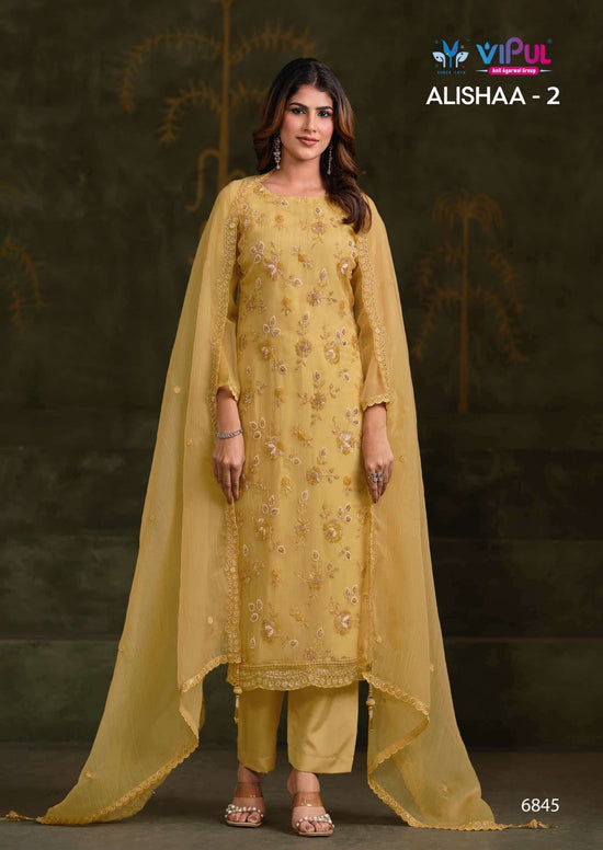 Vipul Fashion Alishaa Vol 2 Gold Crinkle Chiffon Pakistani Suit - Amrah Wholesale