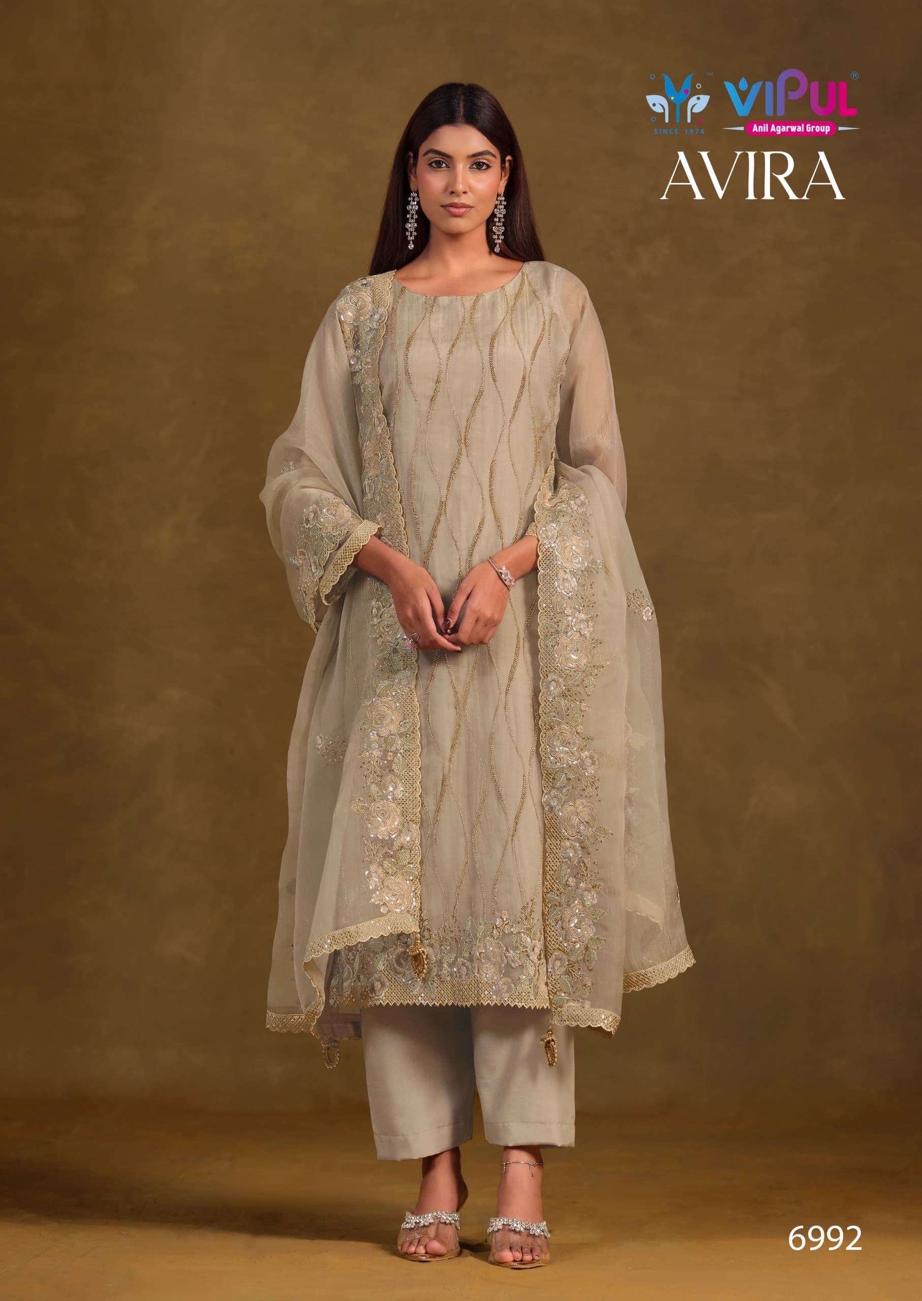 Vipul Fashion Avira Gold Crinkle Chiffon Dress Material