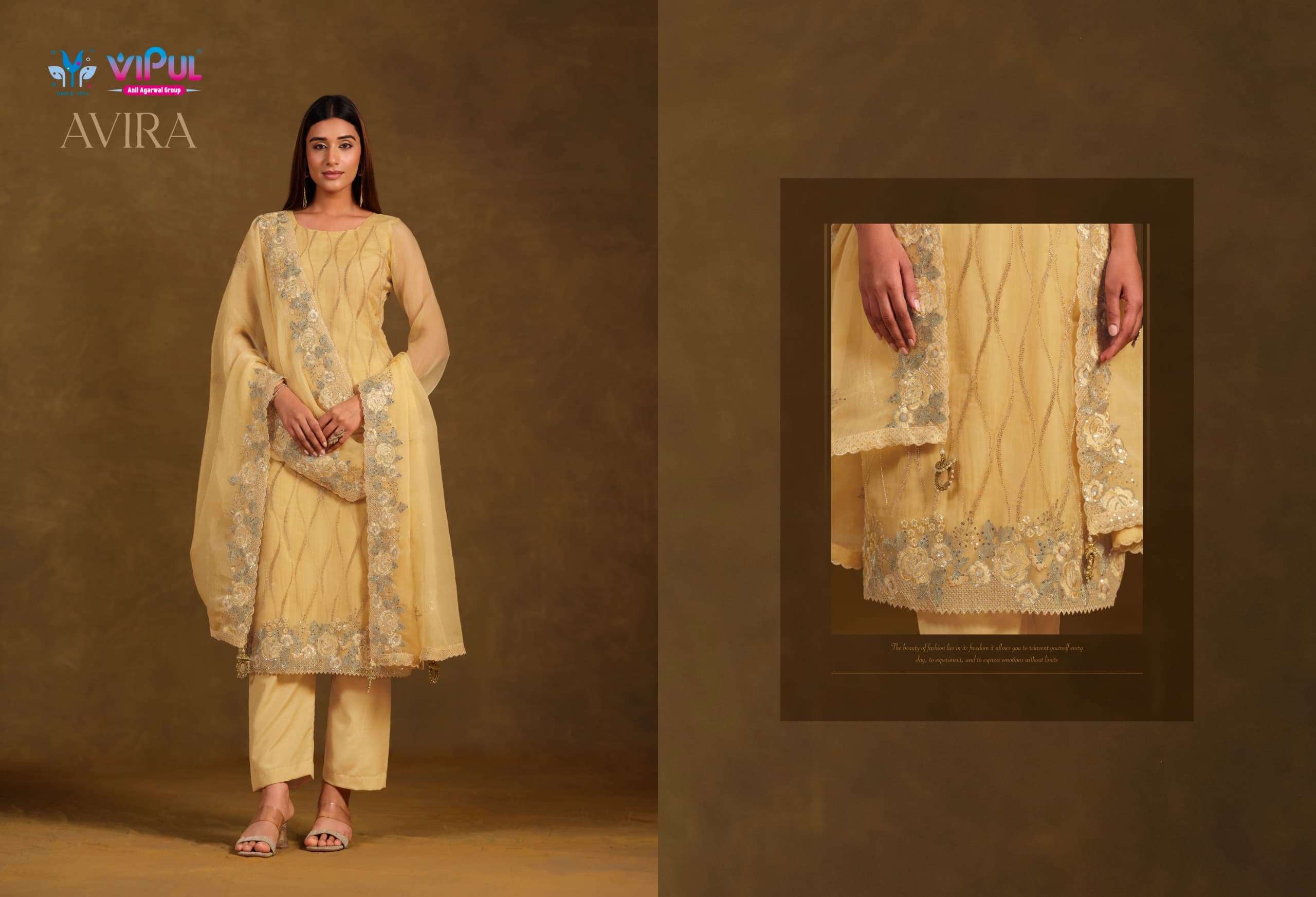 Vipul Fashion Avira Gold Crinkle Chiffon Dress Material