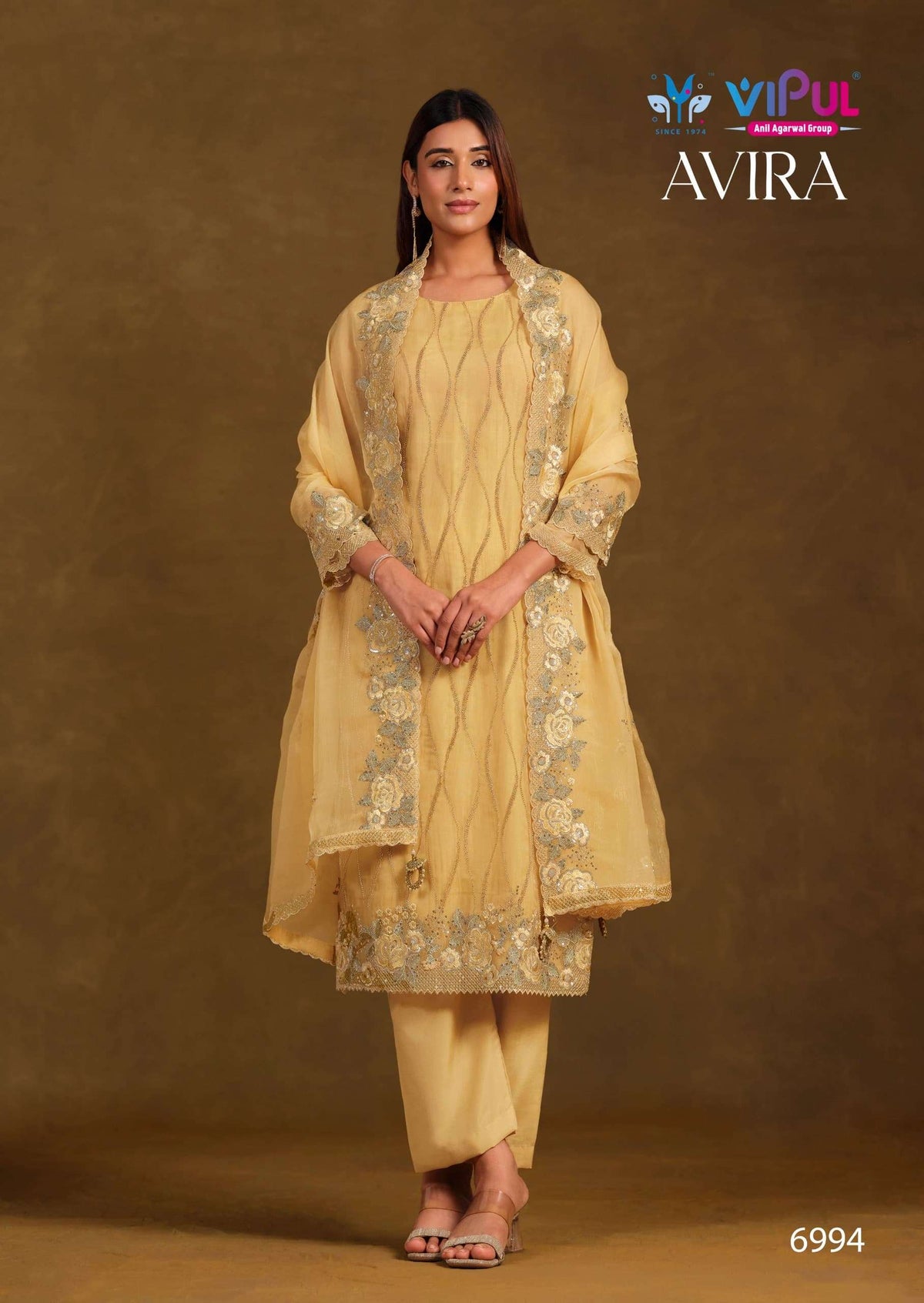 Vipul Fashion Avira Gold Crinkle Chiffon Dress Material