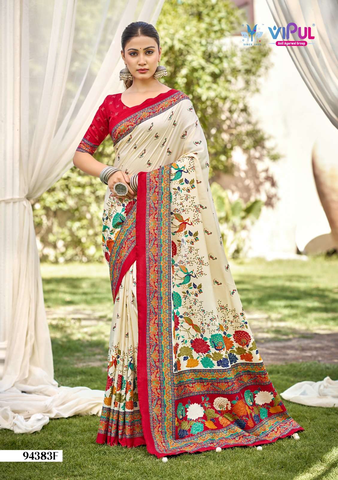 Vipul Fashion Ivory Silk Vol 21 Printed Foil Work Silk Saree - Amrah Wholesale