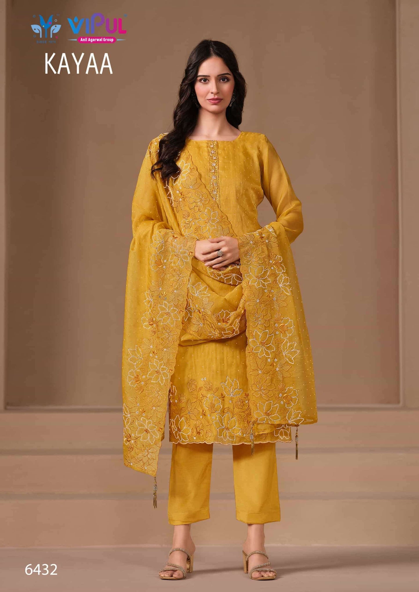 Vipul Fashion Kayaa Burberry Gold Designer Unstitched Dress Material