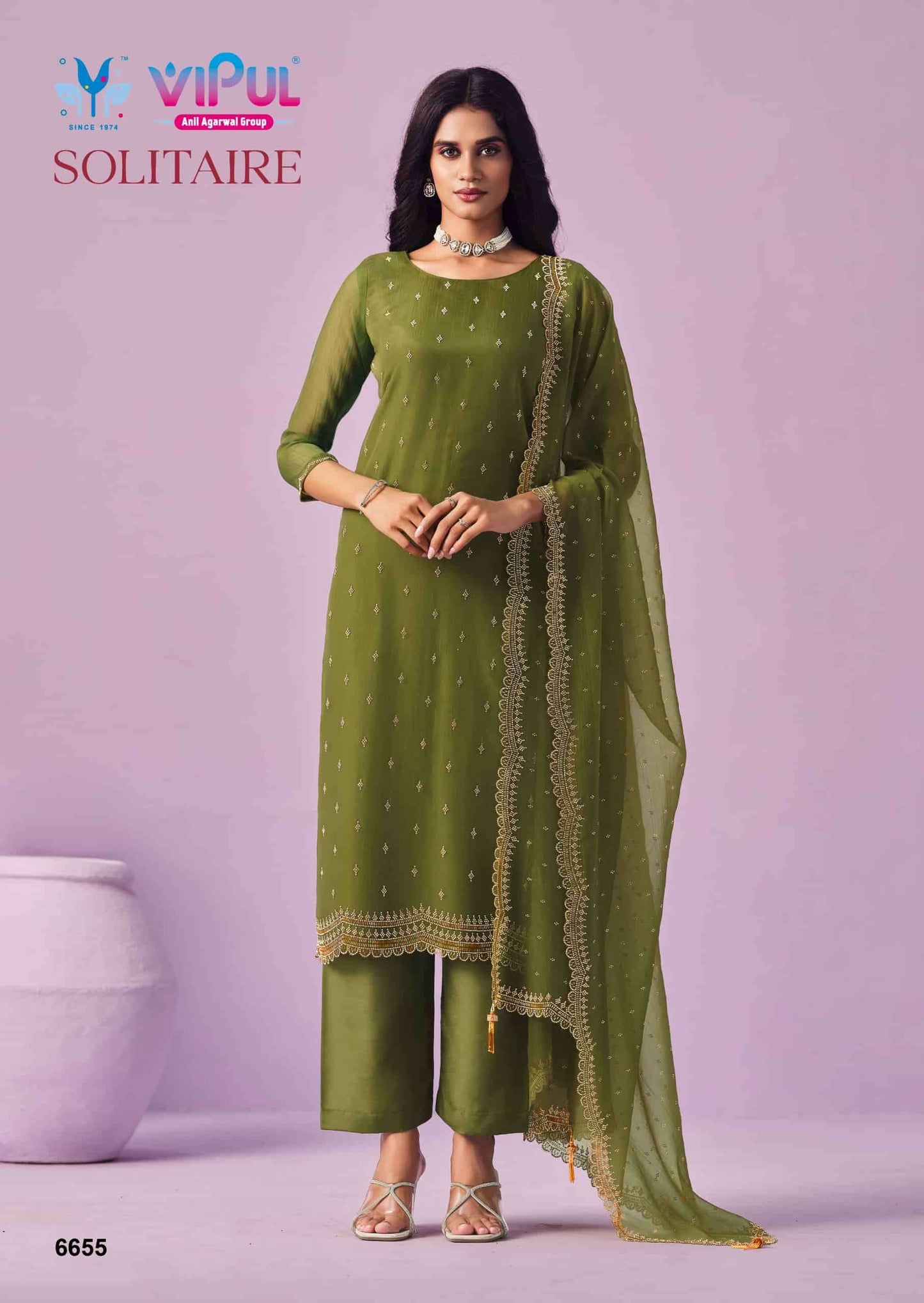Vipul Fashion Solitaire Gold Crinkle Chiffon Designer Dress Material
