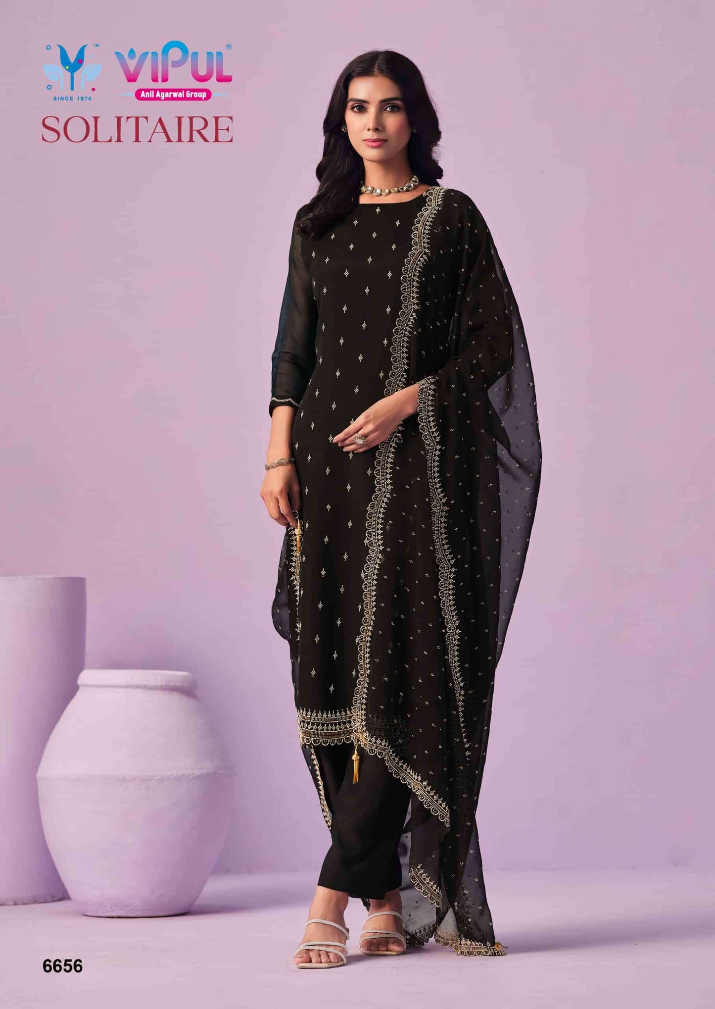 Vipul Fashion Solitaire Gold Crinkle Chiffon Designer Dress Material