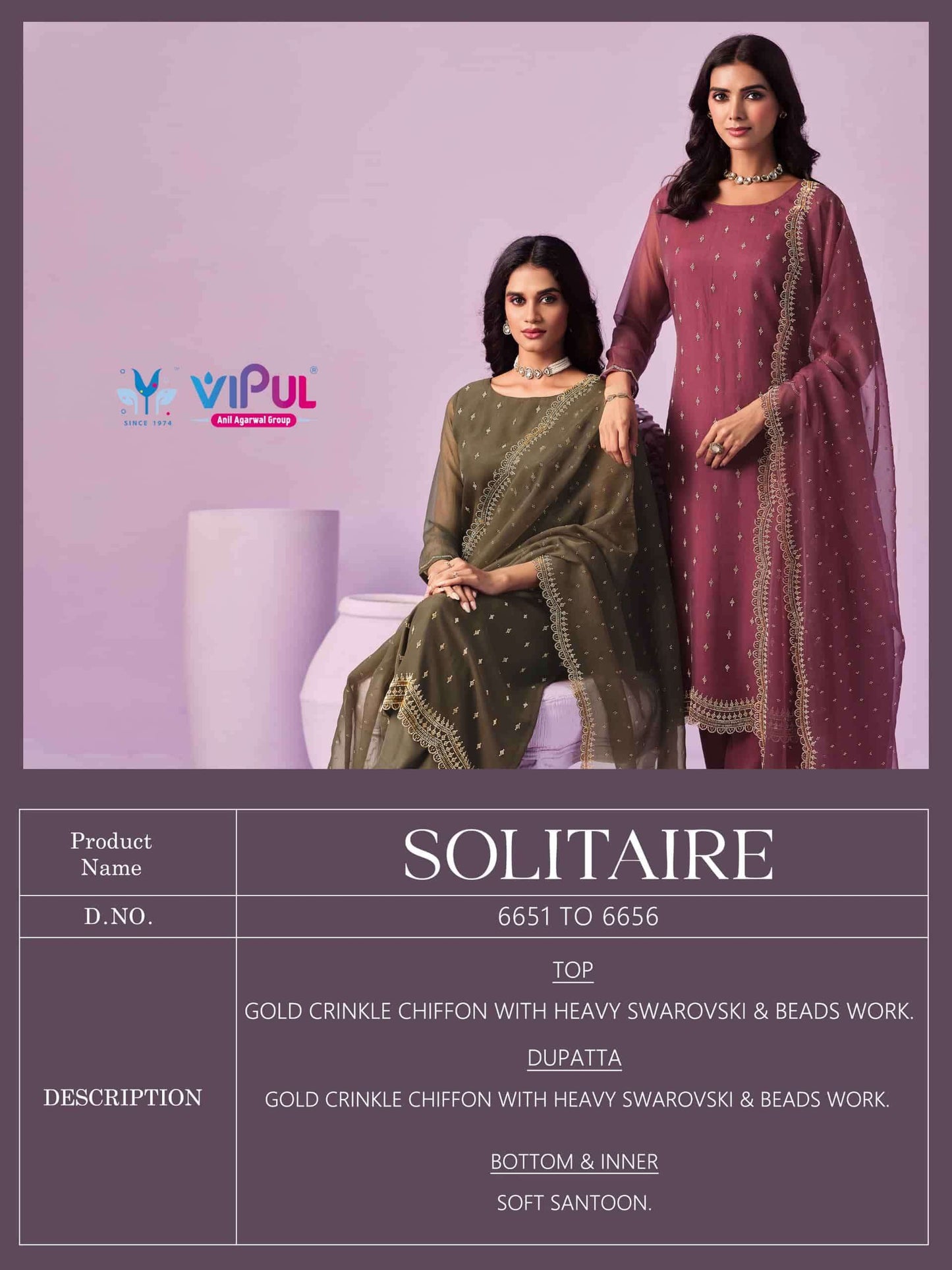 Vipul Fashion Solitaire Gold Crinkle Chiffon Designer Dress Material
