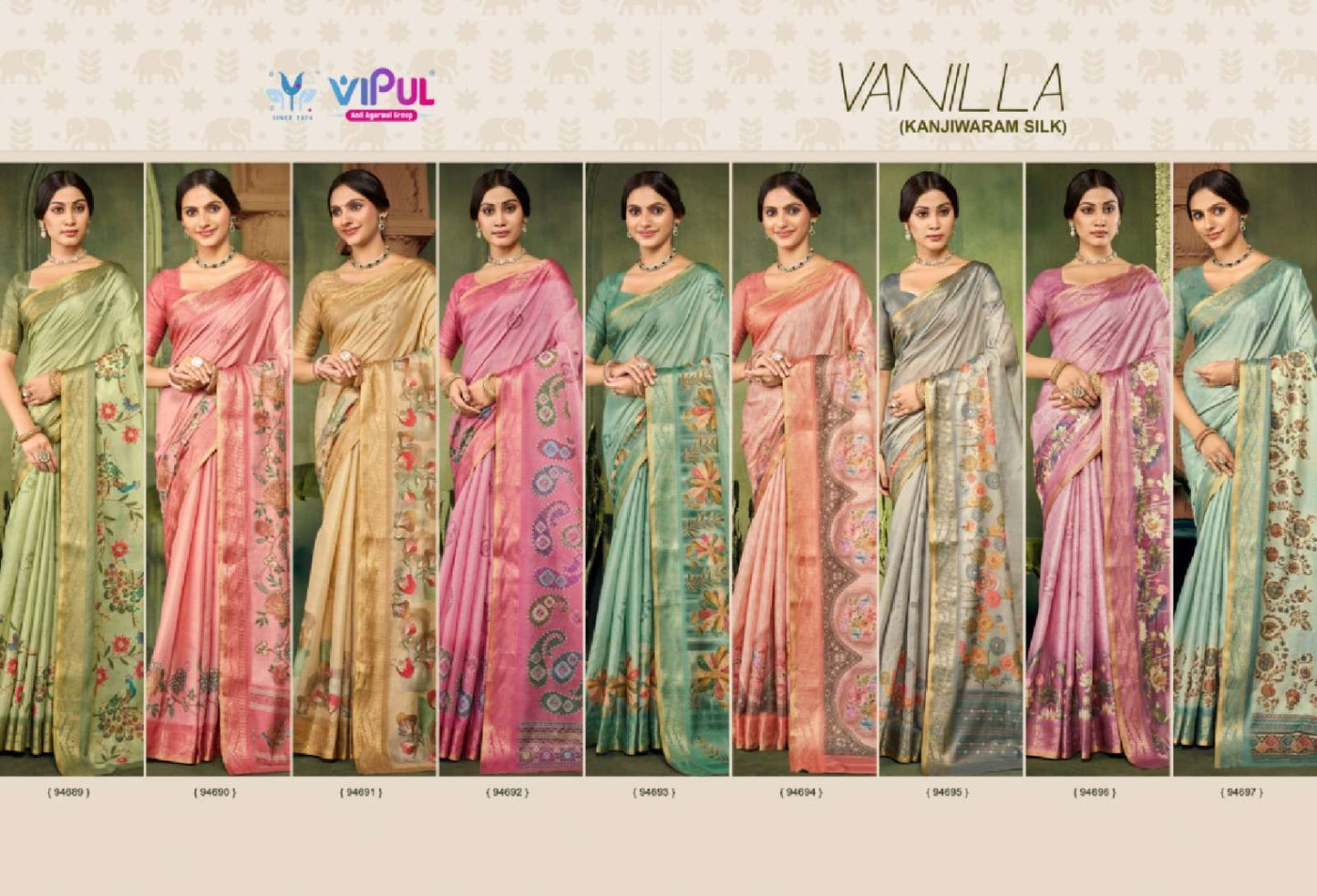 Vipul Fashion Vanilla Printed Kanjivaram Silk Saree Collection