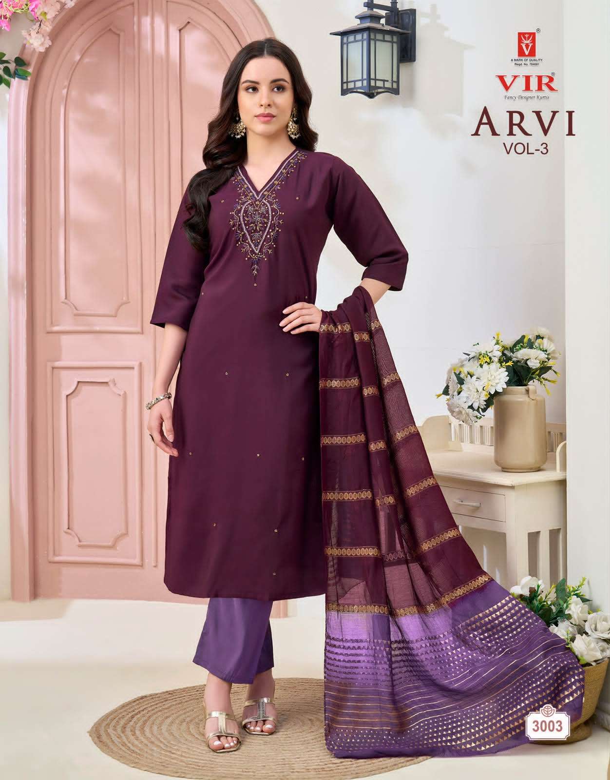 Vir Arvi Vol 3 Rangeela Fabric Kurti Pant Dupatta Set