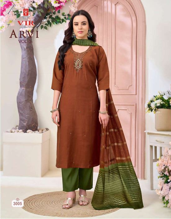 Vir Arvi Vol 3 Rangeela Fabric Kurti Pant Dupatta Set