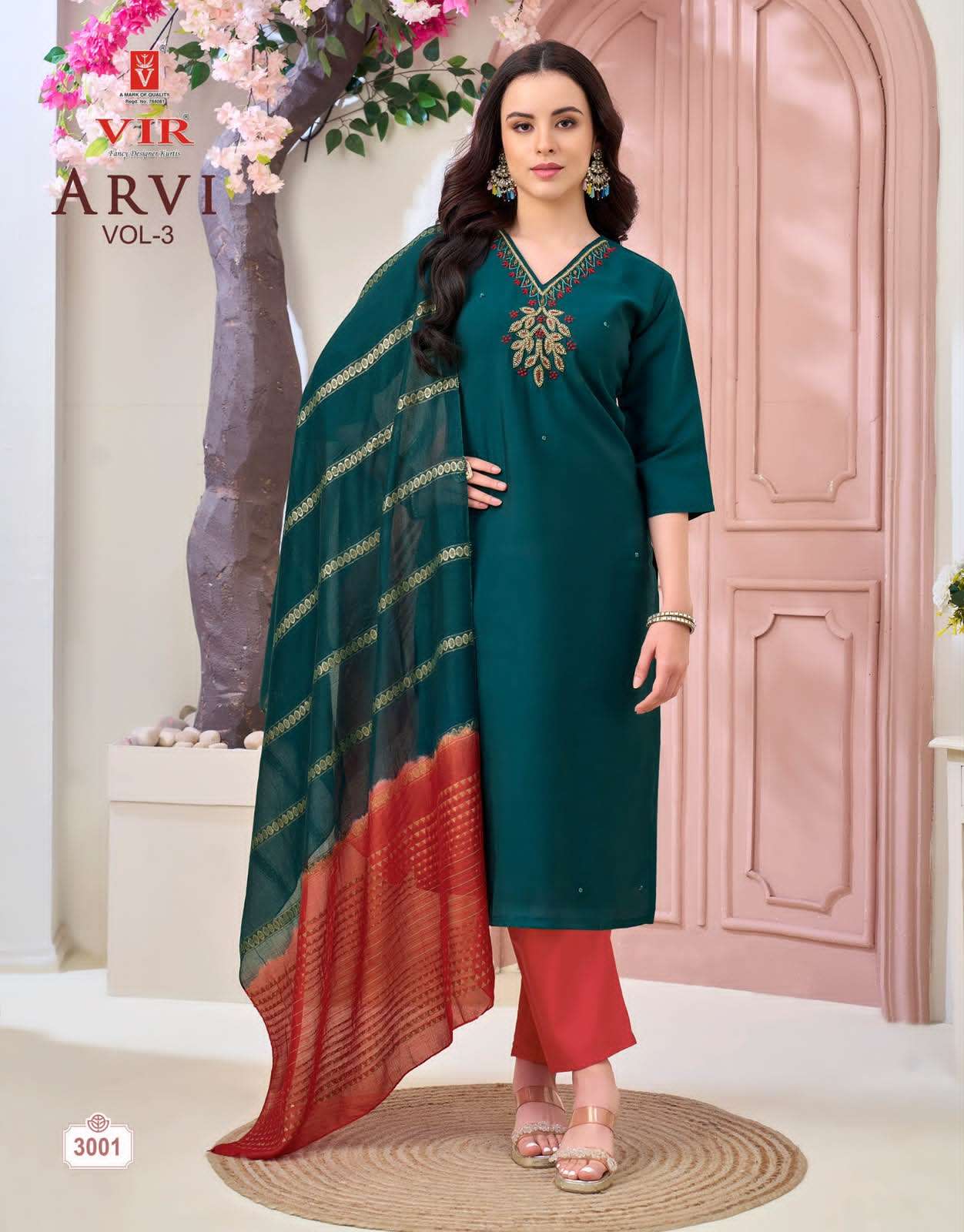 Vir Arvi Vol 3 Rangeela Fabric Kurti Pant Dupatta Set