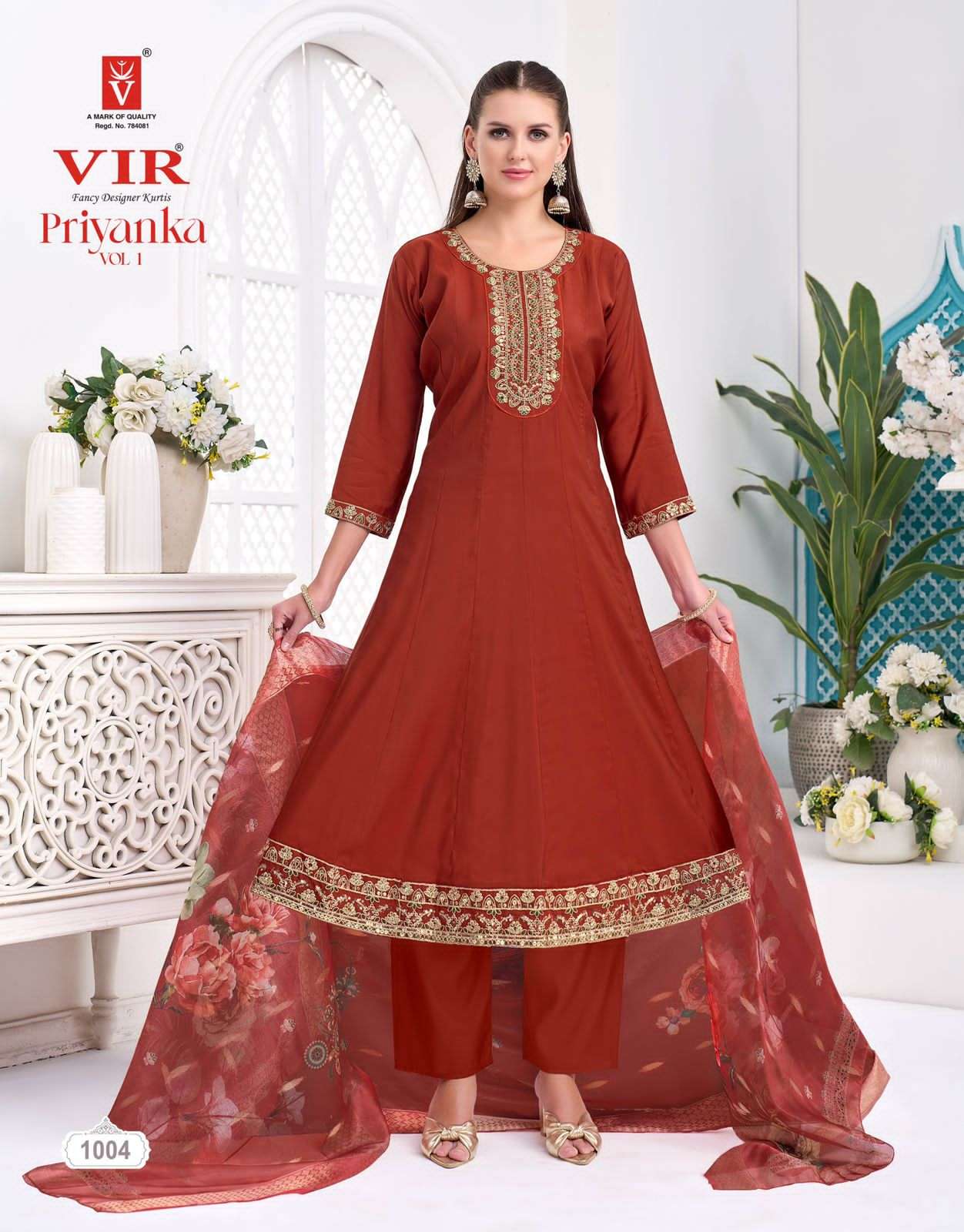 Vir Priyanka Vol 1 Roman Embroidered Kurti Pant Dupatta Set - Amrah Wholesale