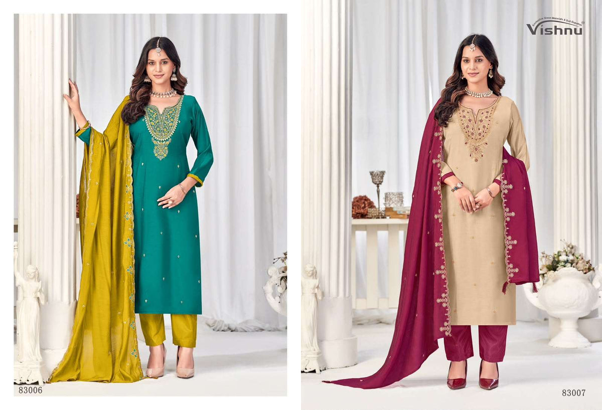 VISHNU MISBAH 83001–83012 Mal Chanderi Unstitched Pakistani Dress Material Wholesale Collection - Amrah Wholesale