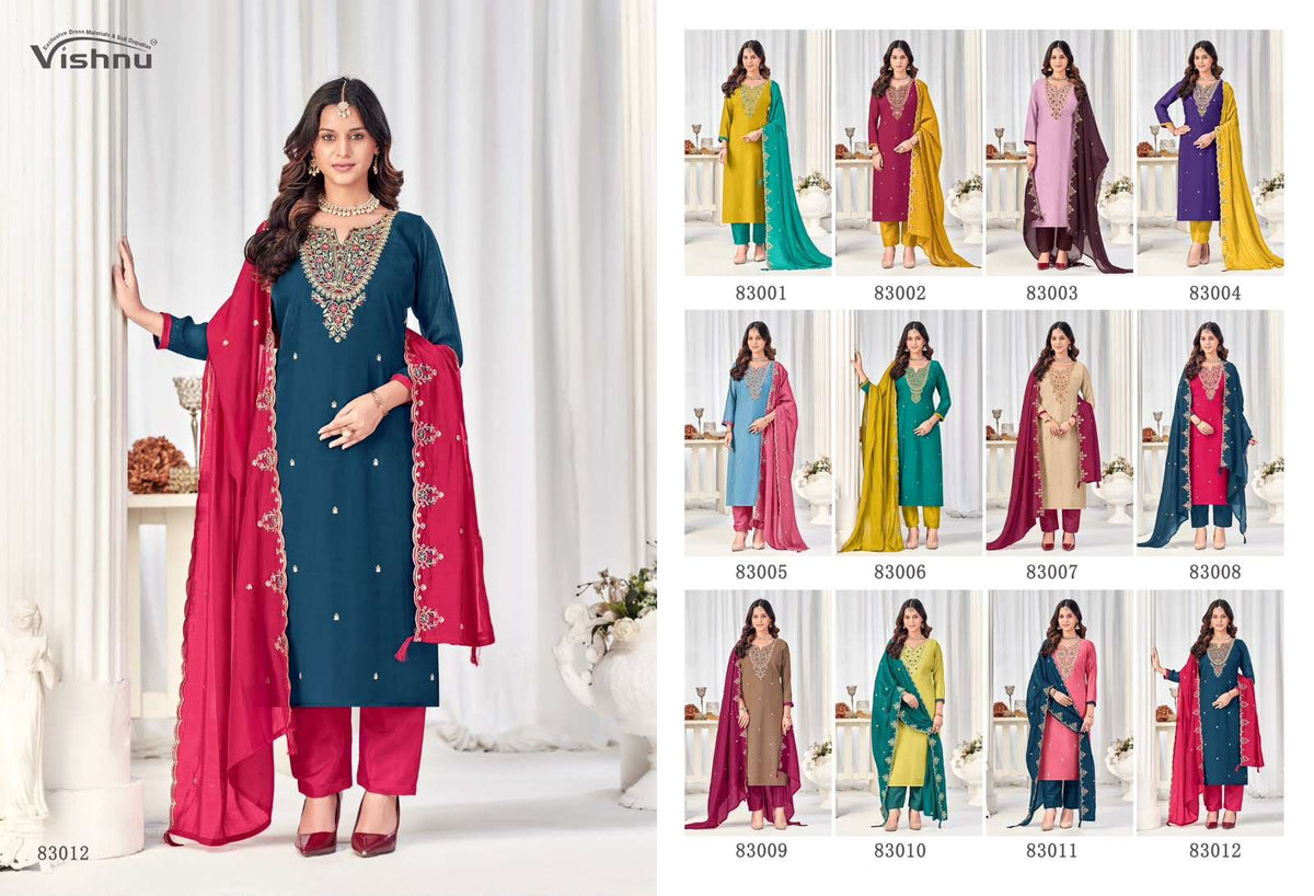 VISHNU MISBAH 83001–83012 Mal Chanderi Unstitched Pakistani Dress Material Wholesale Collection - Amrah Wholesale