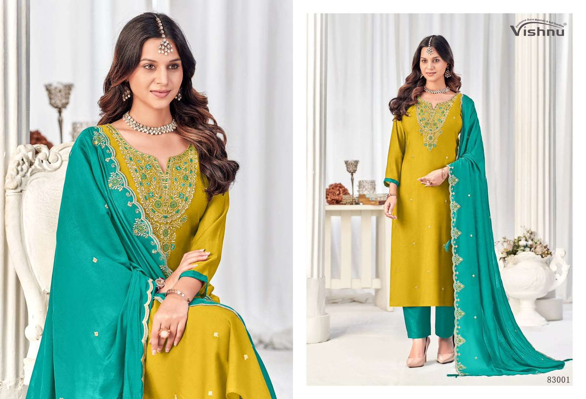VISHNU MISBAH 83001–83012 Mal Chanderi Unstitched Pakistani Dress Material Wholesale Collection - Amrah Wholesale