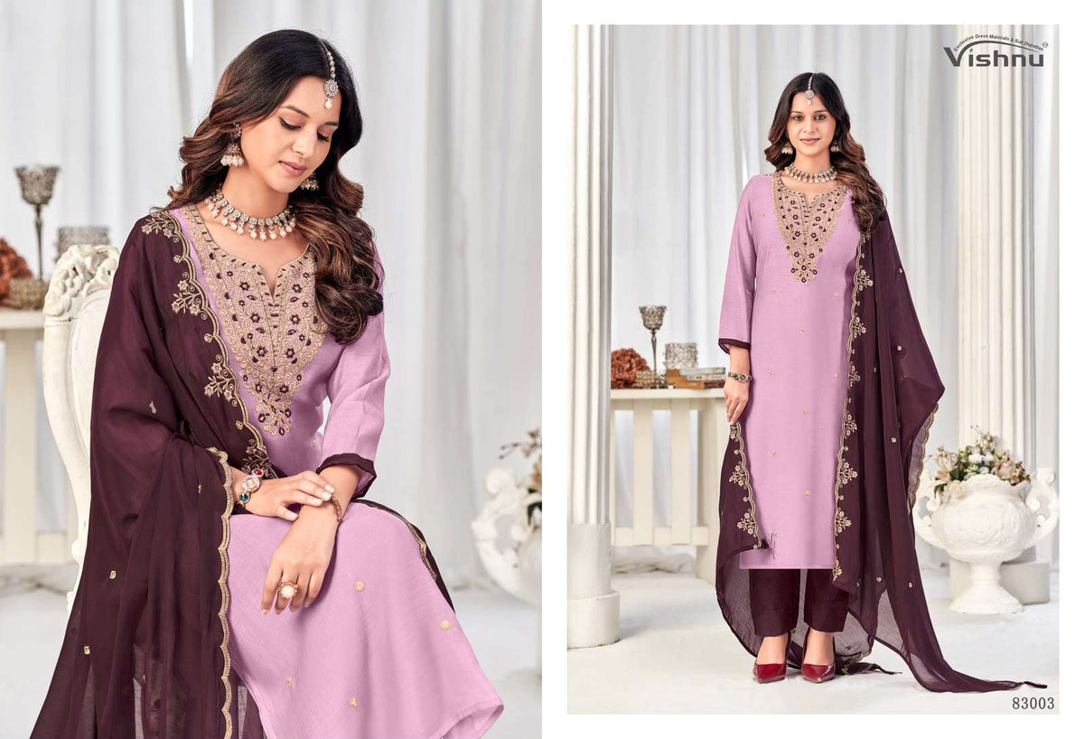 VISHNU MISBAH 83001–83012 Mal Chanderi Unstitched Pakistani Dress Material Wholesale Collection - Amrah Wholesale