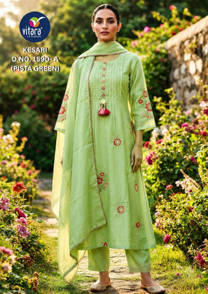 Vitara Fashion Kesari Mul Chanderi Embroidered Kurti Pant Dupatta Set