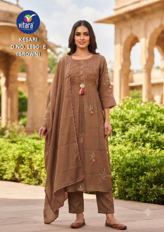 Vitara Fashion Kesari Mul Chanderi Embroidered Kurti Pant Dupatta Set