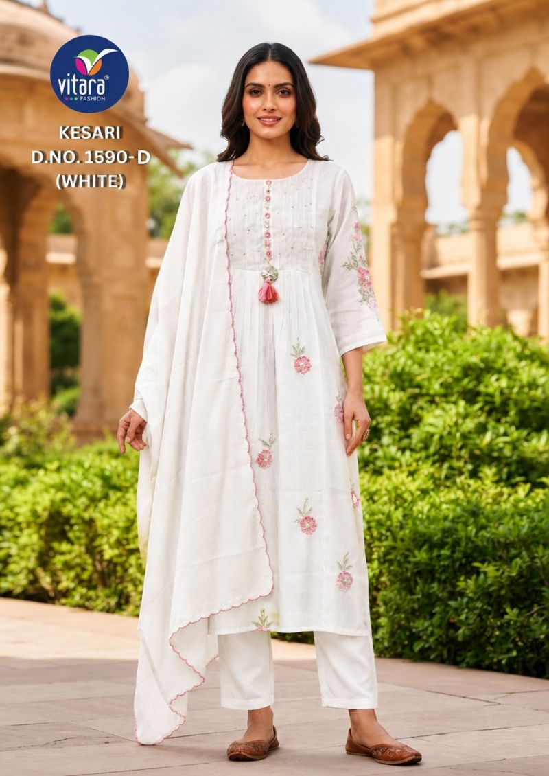 Vitara Fashion Kesari Mul Chanderi Embroidered Kurti Pant Dupatta Set