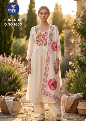 Vitara Fashion Vitara Sunanda Mul Chanderi Kurti Pant Dupatta Set - Amrah Wholesale