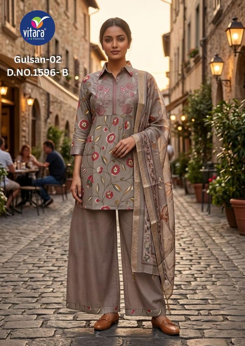 Vitara Gulsan Vol 2 Vatican Print Embroidered Kurti Pant Dupatta Set