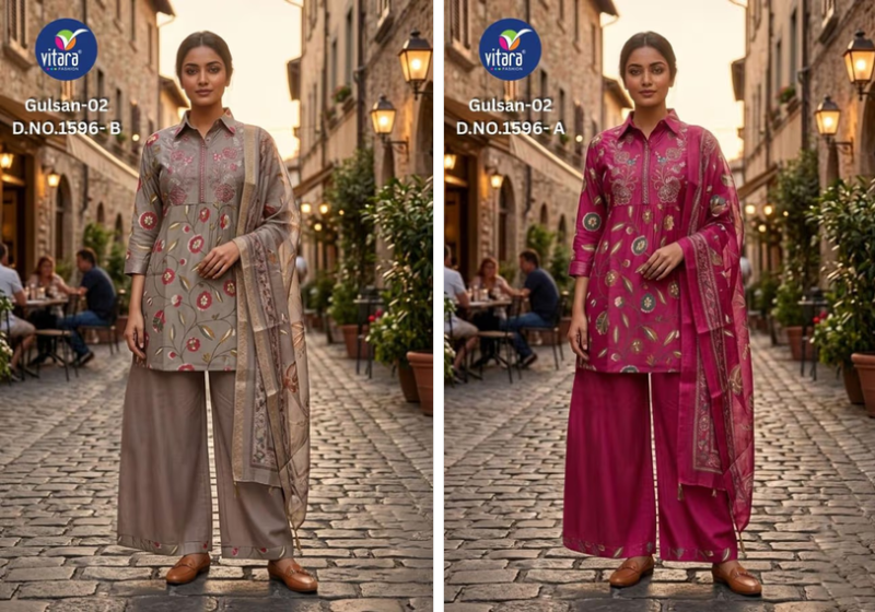 Vitara Gulsan Vol 2 Vatican Print Embroidered Kurti Pant Dupatta Set