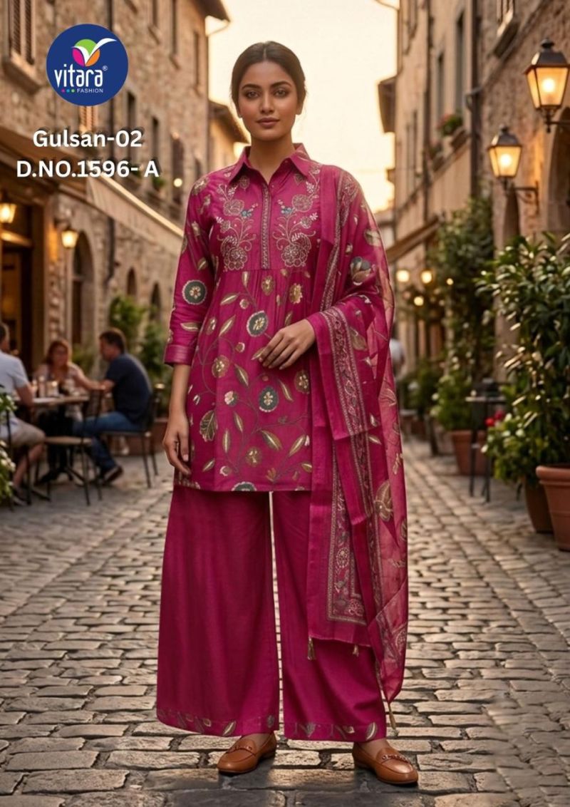 Vitara Gulsan Vol 2 Vatican Print Embroidered Kurti Pant Dupatta Set
