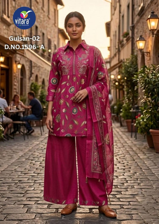 Vitara Gulsan Vol 2 Vatican Print Embroidered Kurti Pant Dupatta Set