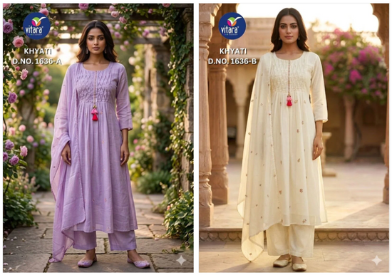 Vitara Khyati Mal Cotton Embroidered Hand Work Kurti Pant Dupatta Set