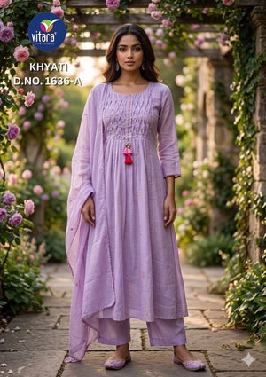 Vitara Khyati Mal Cotton Embroidered Hand Work Kurti Pant Dupatta Set