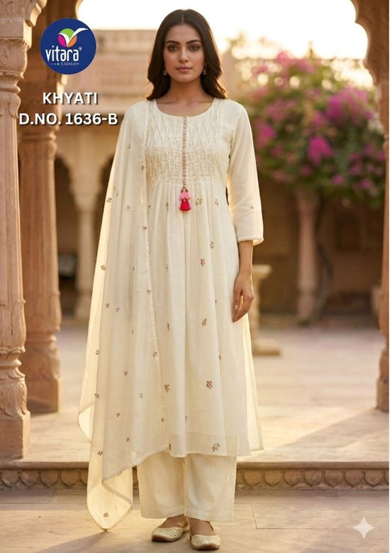 Vitara Khyati Mal Cotton Embroidered Hand Work Kurti Pant Dupatta Set