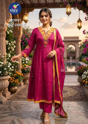Vitara Fashion Morvi Mul Chanderi Kurti Pant Dupatta Set
