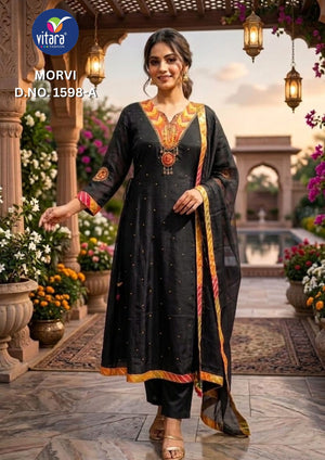 Vitara Fashion Morvi Mul Chanderi Kurti Pant Dupatta Set