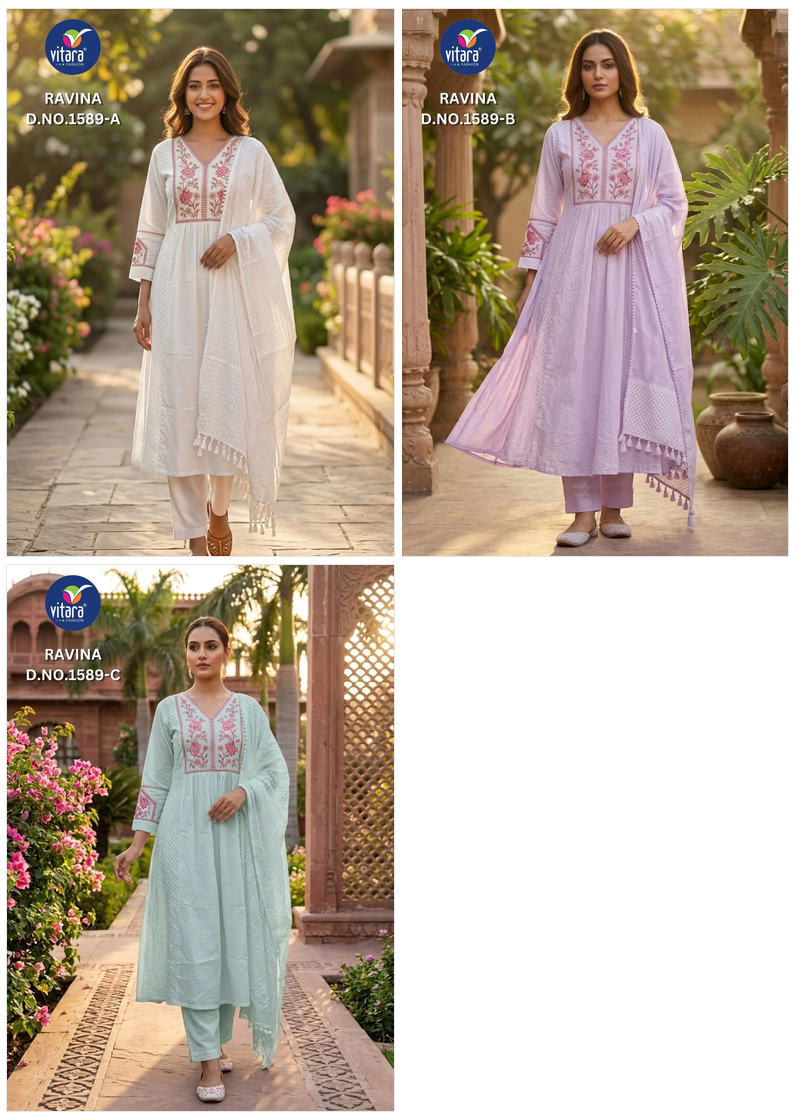 Vitara Ravina Cambric Cotton Embroidered Kurti Pant Dupatta Set - Amrah Wholesale