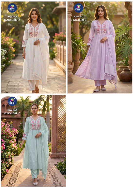 Vitara Ravina Cambric Cotton Embroidered Kurti Pant Dupatta Set - Amrah Wholesale