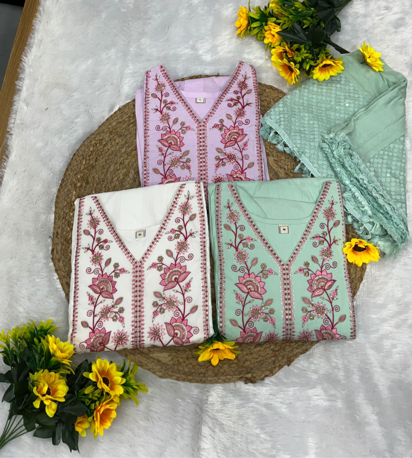 Vitara Ravina Cambric Cotton Embroidered Kurti Pant Dupatta Set - Amrah Wholesale