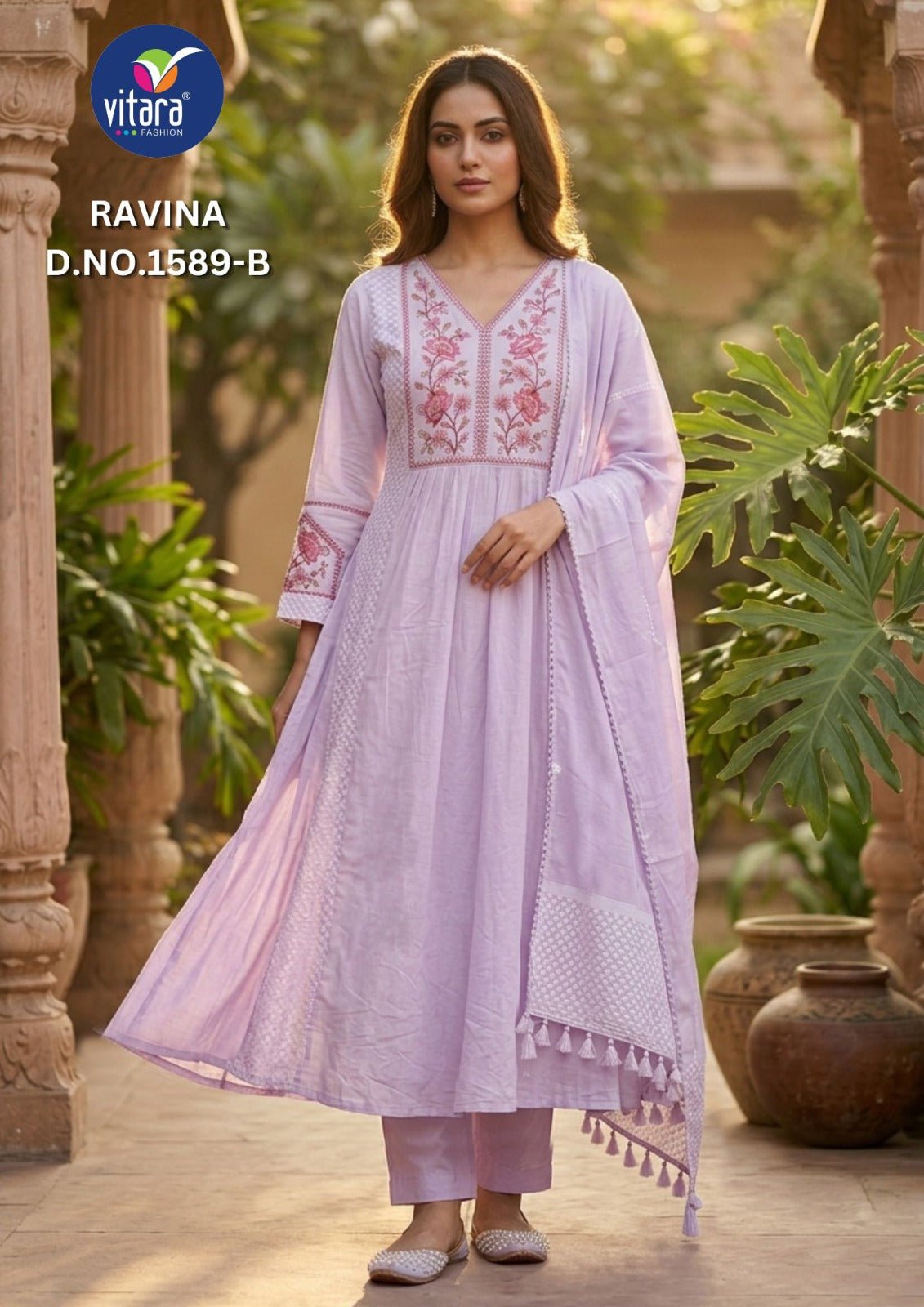 Vitara Ravina Cambric Cotton Embroidered Kurti Pant Dupatta Set - Amrah Wholesale