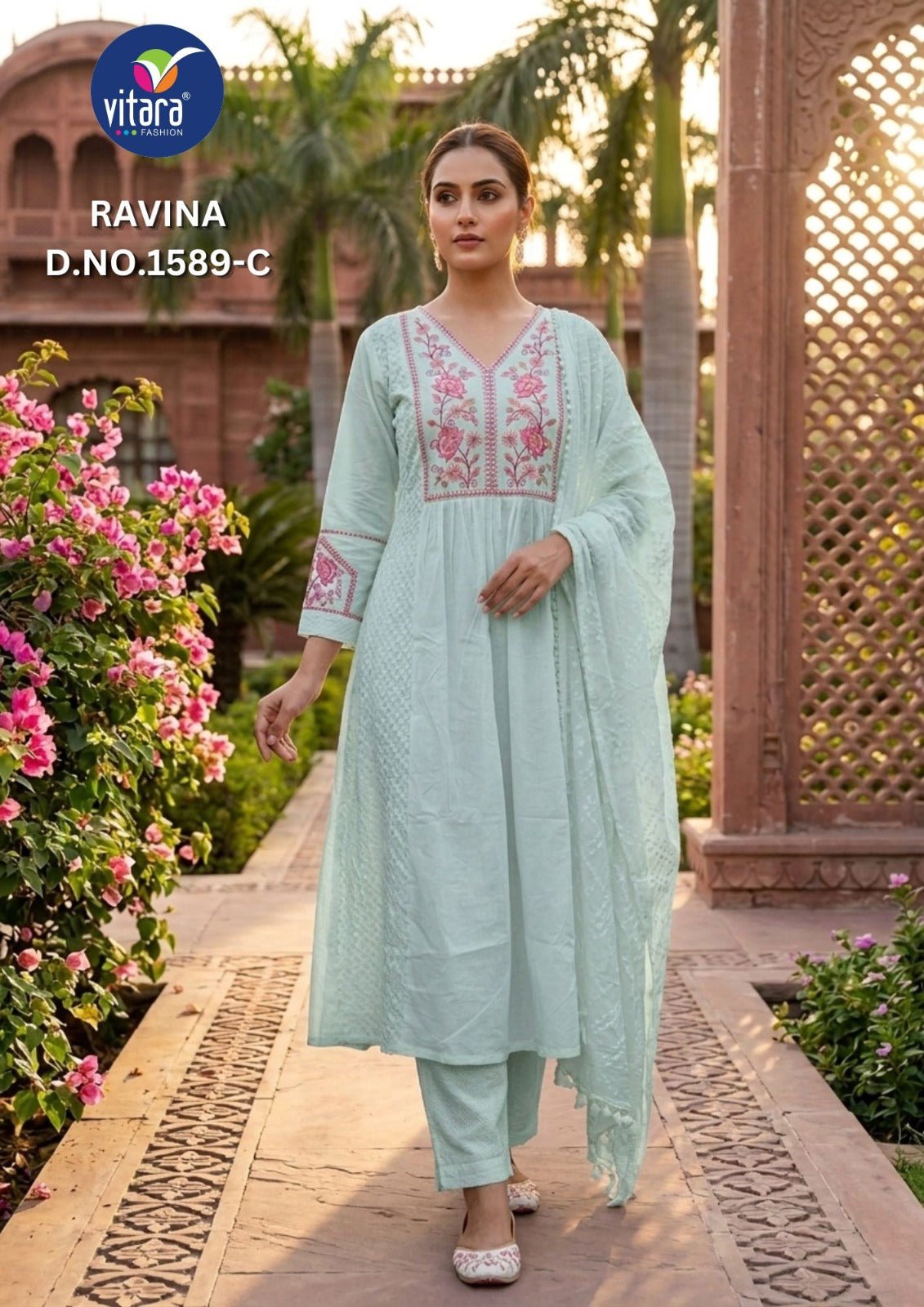 Vitara Ravina Cambric Cotton Embroidered Kurti Pant Dupatta Set - Amrah Wholesale