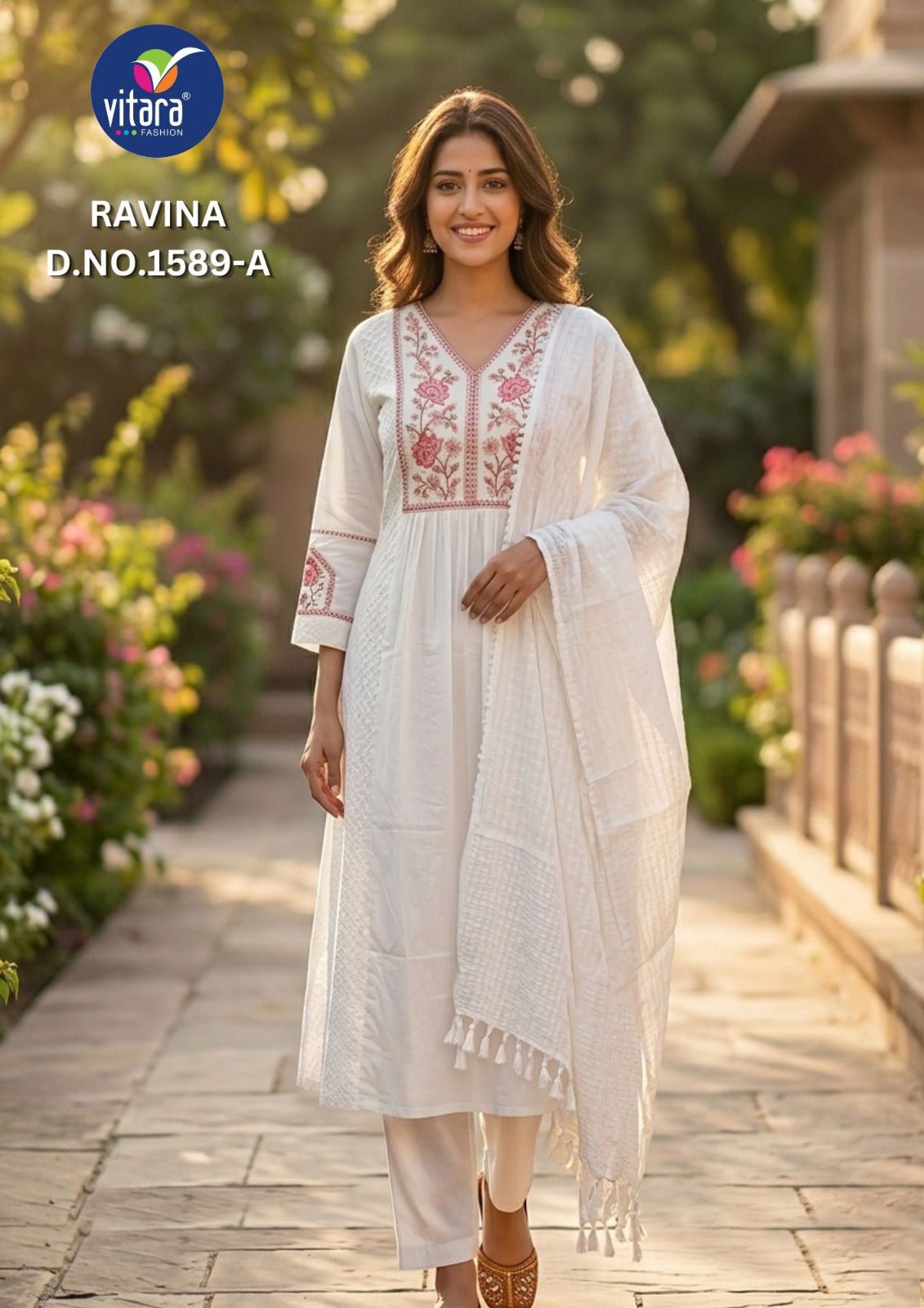 Vitara Ravina Cambric Cotton Embroidered Kurti Pant Dupatta Set - Amrah Wholesale