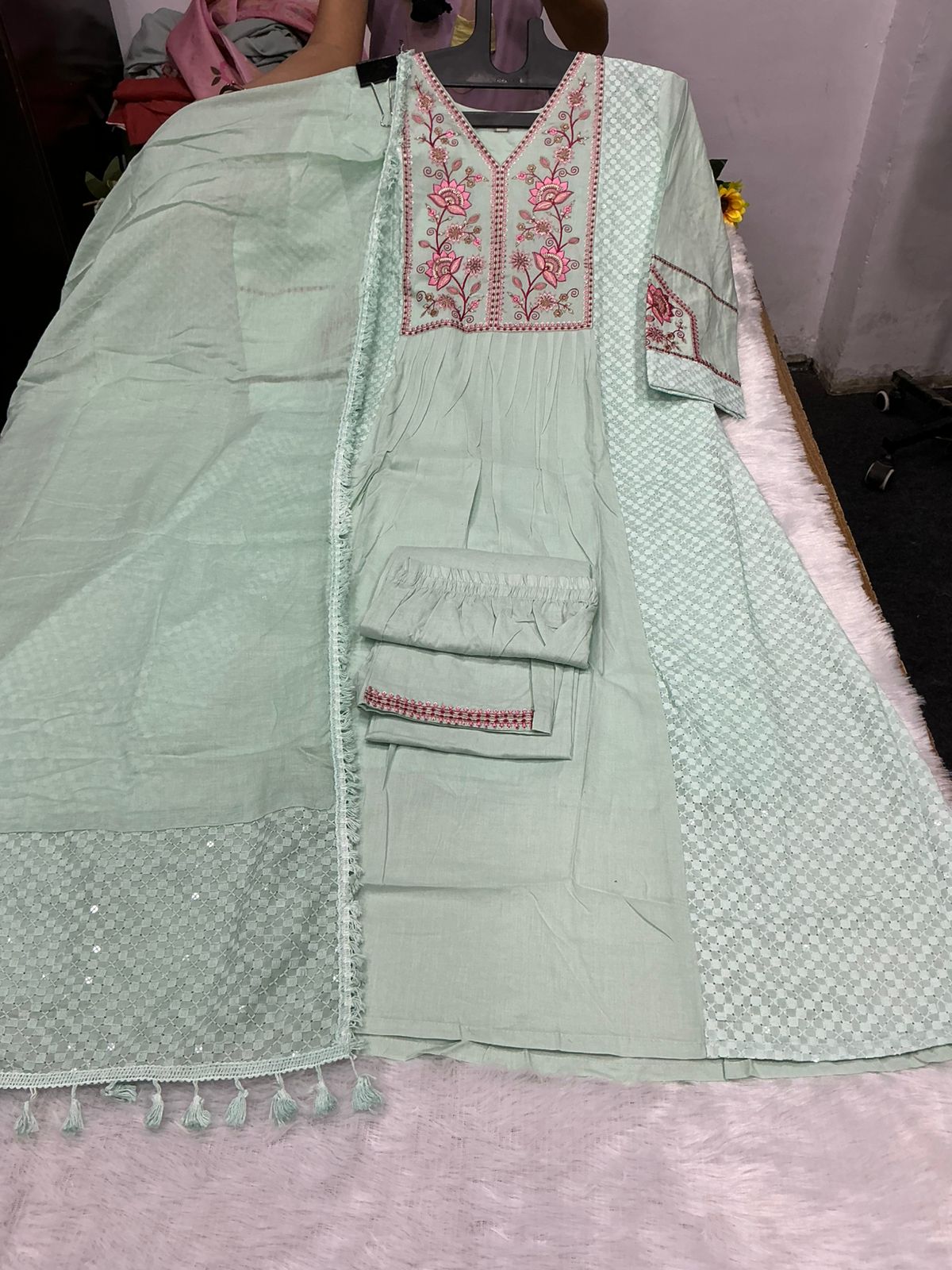 Vitara Ravina Cambric Cotton Embroidered Kurti Pant Dupatta Set - Amrah Wholesale