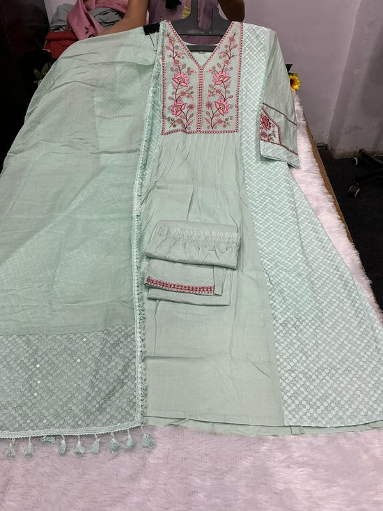 Vitara Ravina Cambric Cotton Embroidered Kurti Pant Dupatta Set - Amrah Wholesale