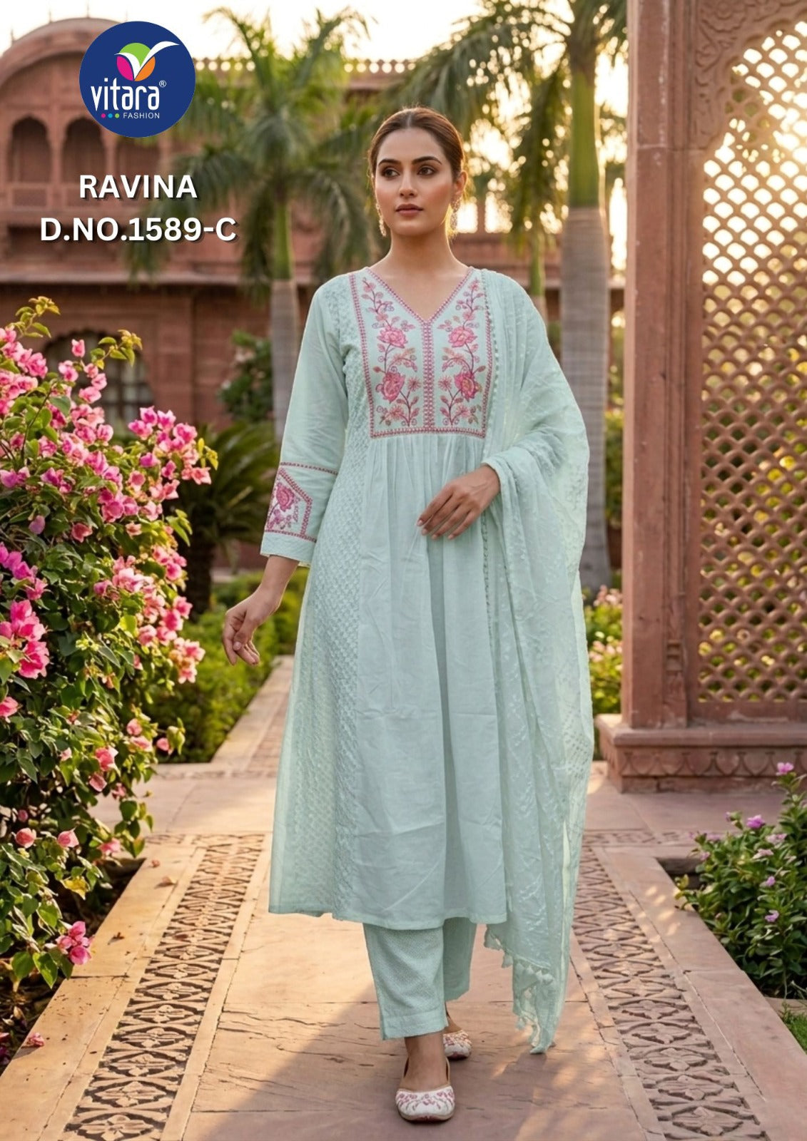 Vitara Ravina Cambric Cotton Embroidered Kurti Pant Dupatta Set