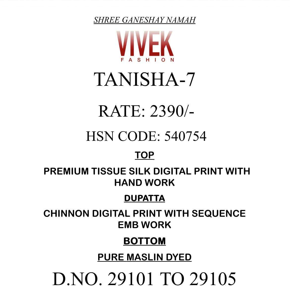 Vivek Fashion Tanisha Vol 7 Premium Tissue Silk Dress Material