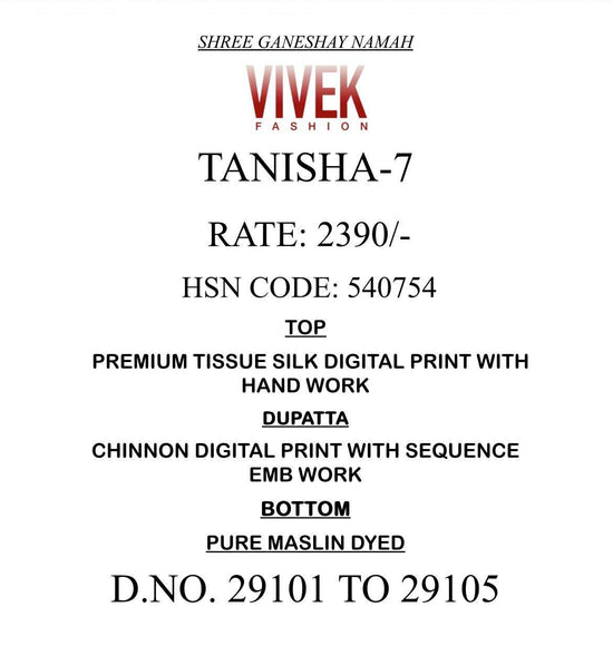 Vivek Fashion Tanisha Vol 7 Premium Tissue Silk Dress Material
