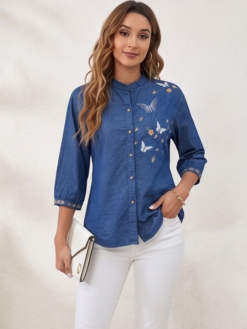 Vp 91 Denim Blue Embroidered Ladies Shirt - Amrah Wholesale