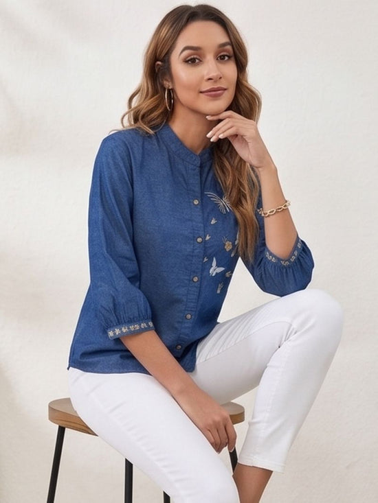 Vp 91 Denim Blue Embroidered Ladies Shirt - Amrah Wholesale