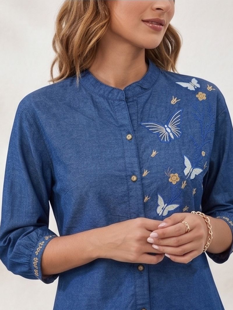 Vp 91 Denim Blue Embroidered Ladies Shirt - Amrah Wholesale
