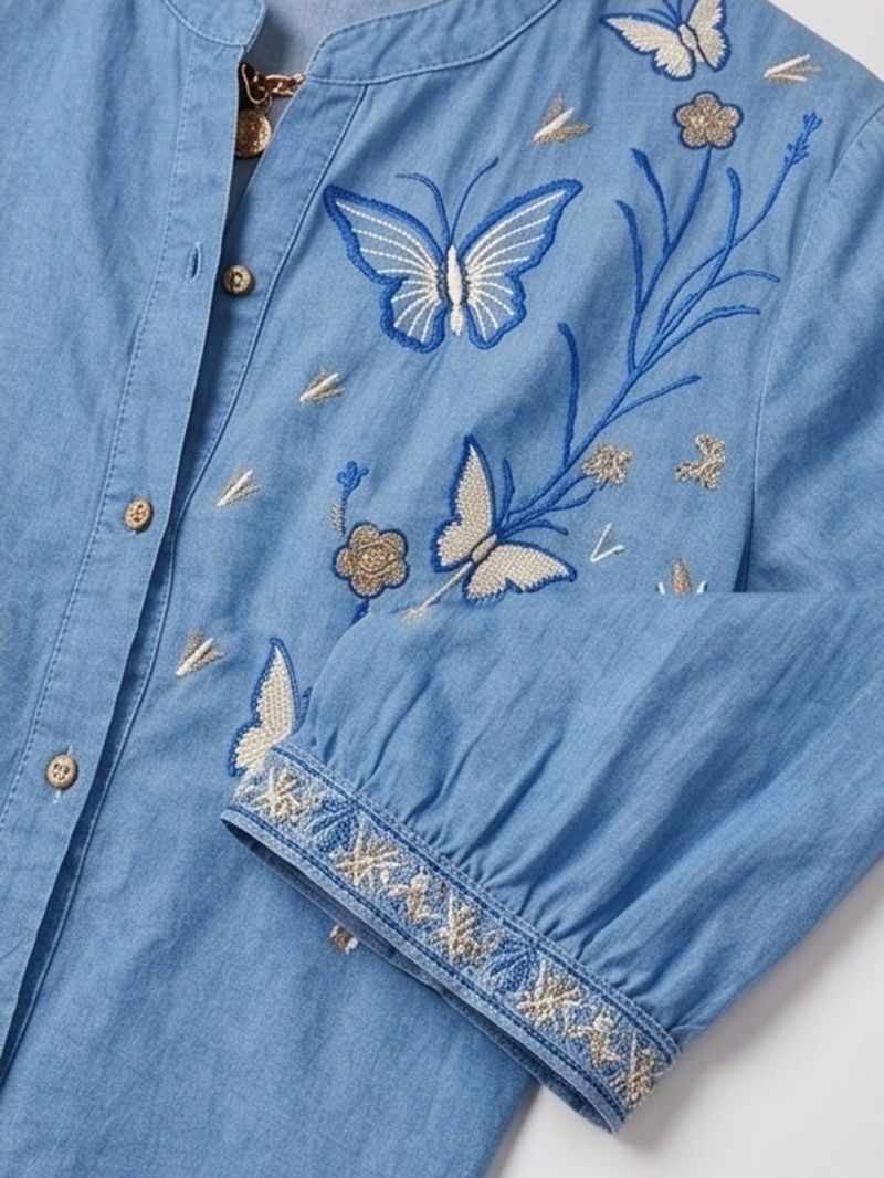 Vp 91 Denim Blue Embroidered Ladies Shirt - Amrah Wholesale