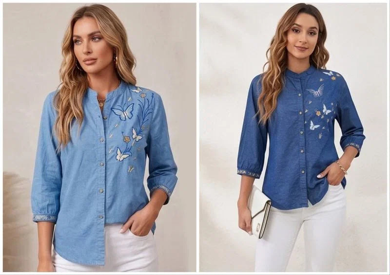 Vp 91 Denim Blue Embroidered Ladies Shirt