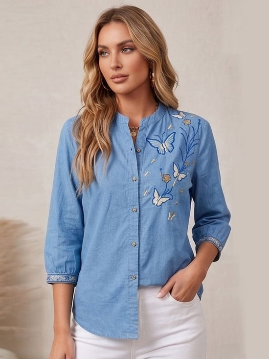 Vp 91 Denim Blue Embroidered Ladies Shirt