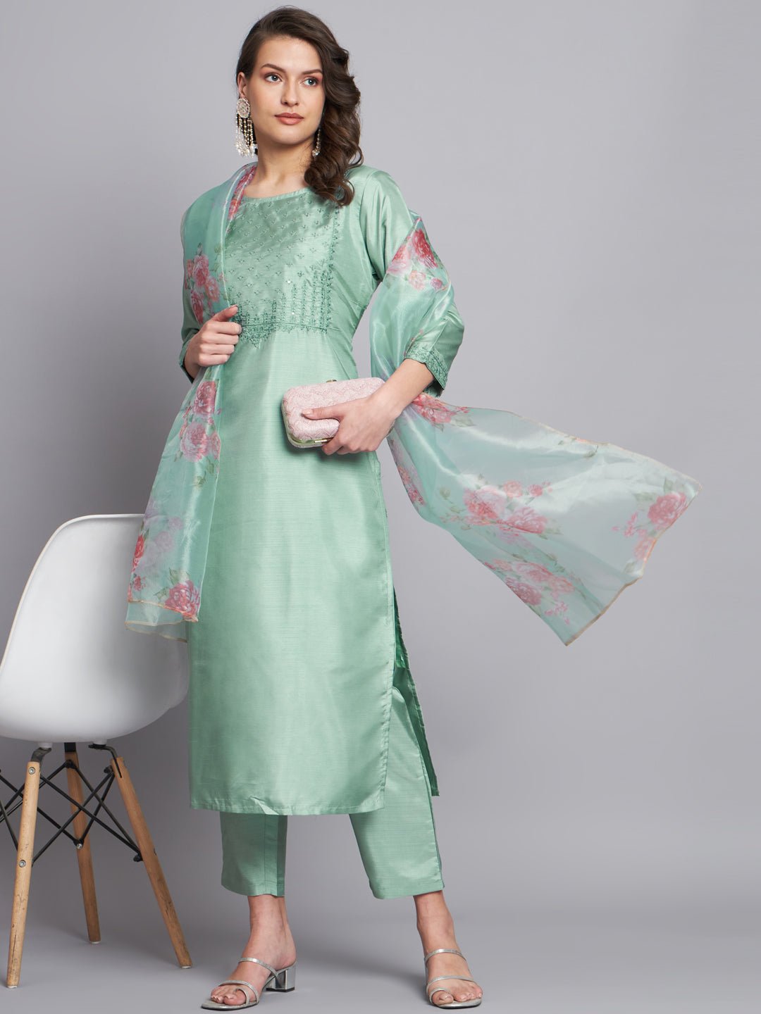 VP 9199 Sea Green Kurti Pant Dupatta Set - Amrah Wholesale