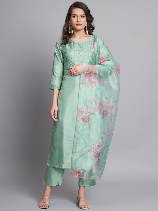 VP 9199 Sea Green Kurti Pant Dupatta Set - Amrah Wholesale